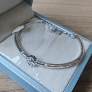 White Gold Plated Bangle Bracelet With Round Cubic Zirconia Gem